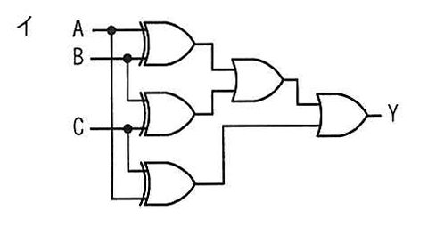 選択肢イの図: 3個のXORゲートの出力を2個のORゲートでまとめる回路