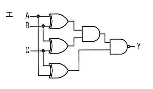 選択肢エの図: 3個のXORゲートの出力をANDゲートとNANDゲートでまとめる回路