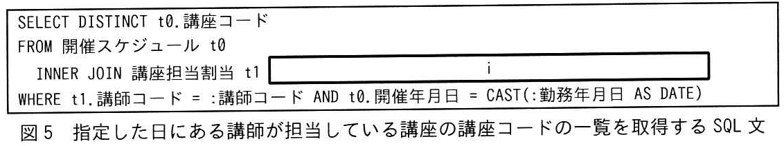 図5 指定した日にある講師が担当している講座の講座コードの一覧を取得する SQL 文