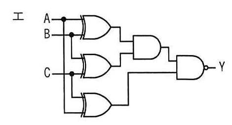 選択肢エの図: 3個のXORゲートの出力をANDゲートとNANDゲートでまとめる回路