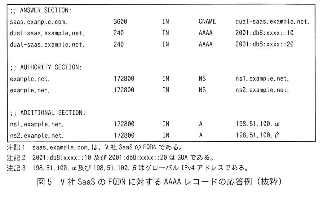 図5 V社 SaaS の FQDN に対する AAAA レコードの応答例(抜粋)