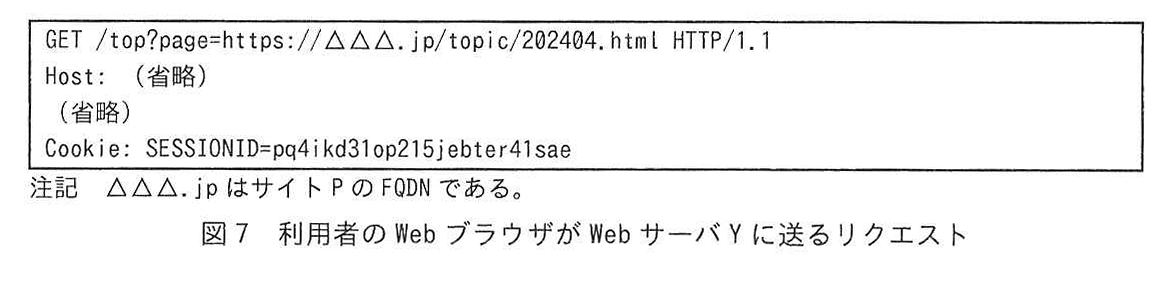 図7 利用者の Web ブラウザが Web サーバY に送るリクエスト